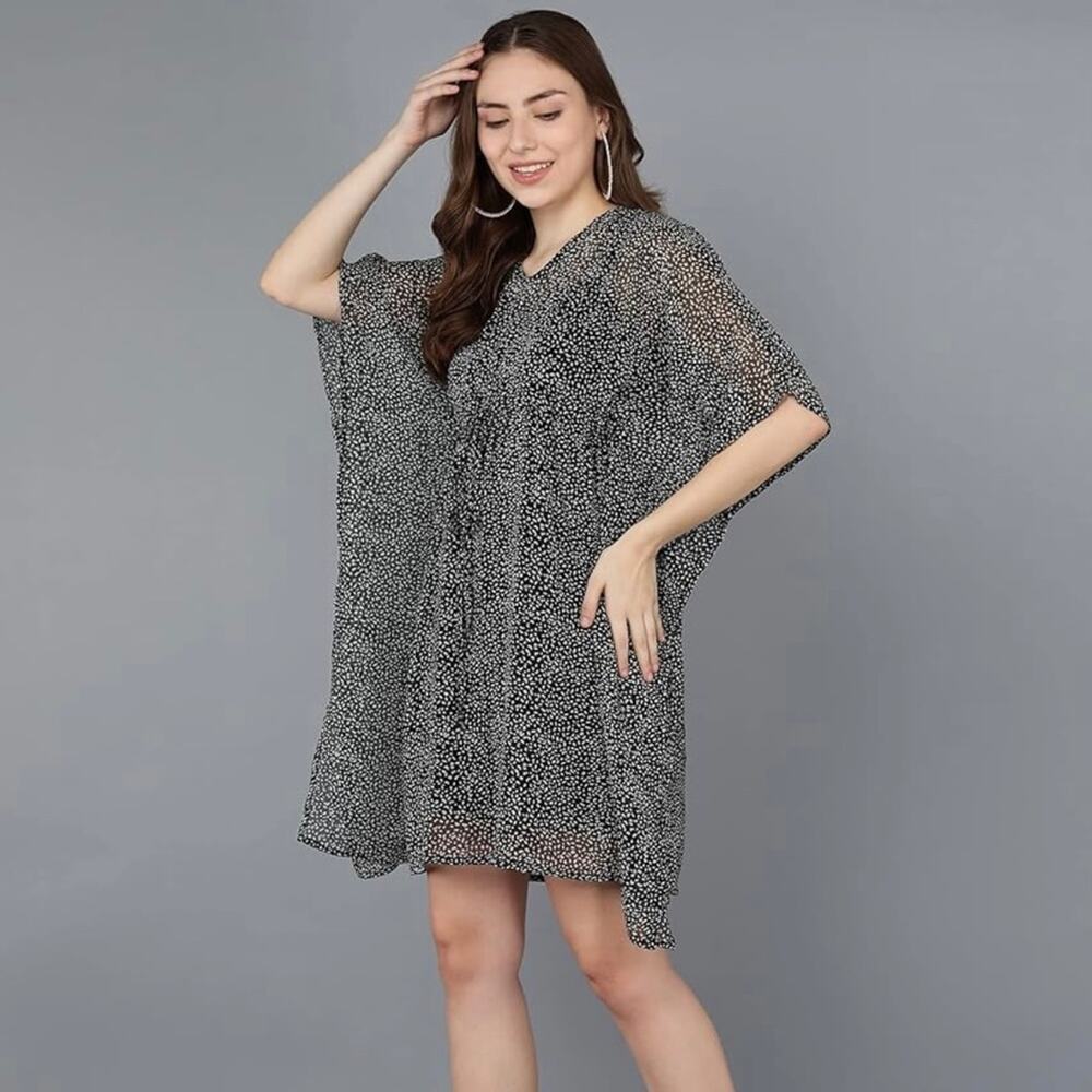Black Leopard Cheetah Animal Print Chiffon Kaftan Swim Beach Coverup